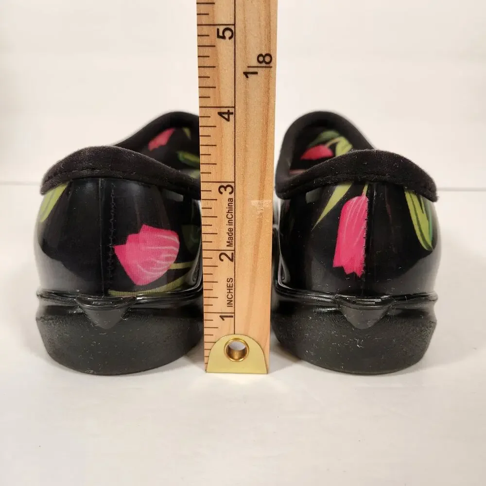 SLOGGERS Garden Shoes Women 10 Black Pink Floral Tulip Farm Cottagecore Country